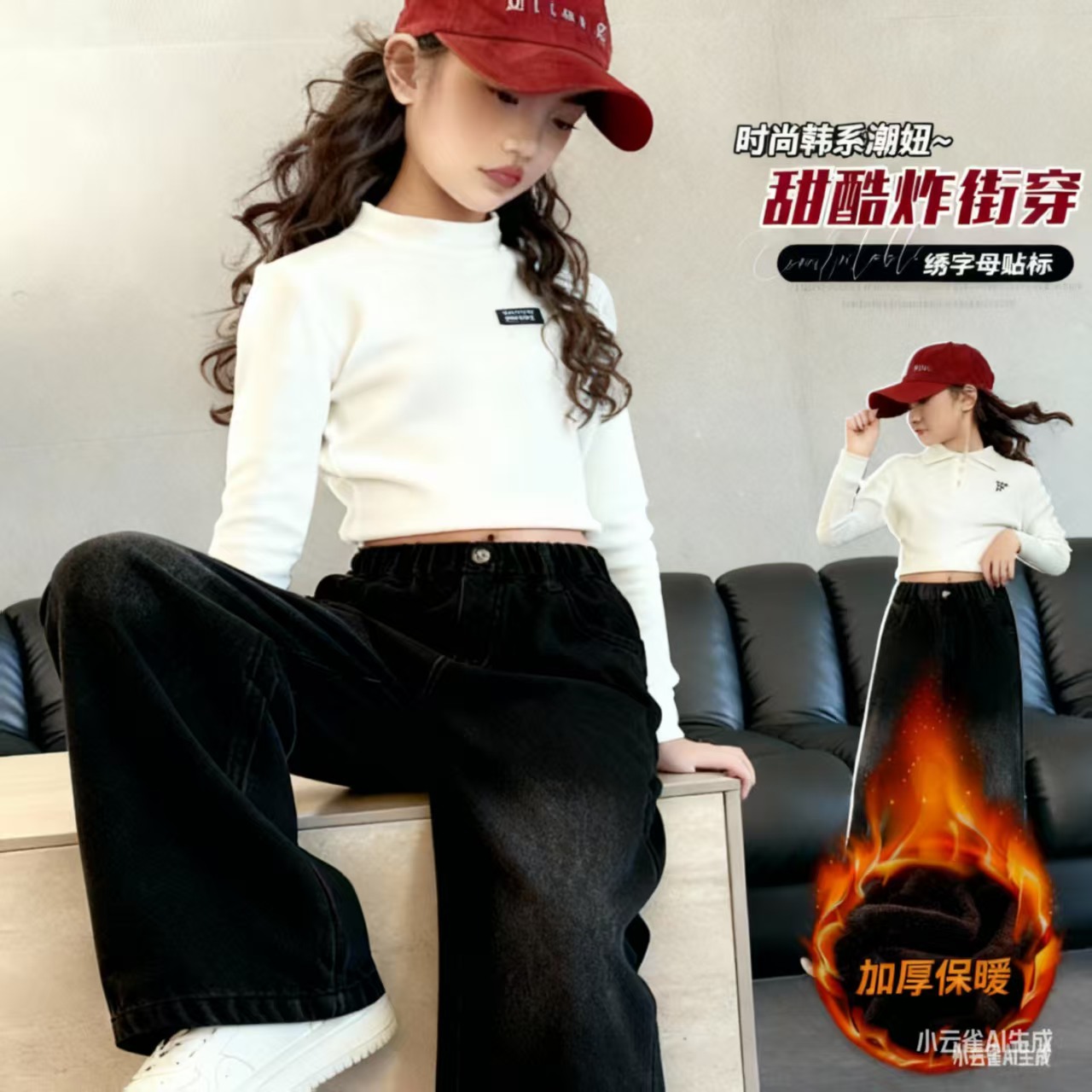女童裤子加绒加厚牛仔裤学生中大童高腰阔腿裤加绒长裤洋气冬季