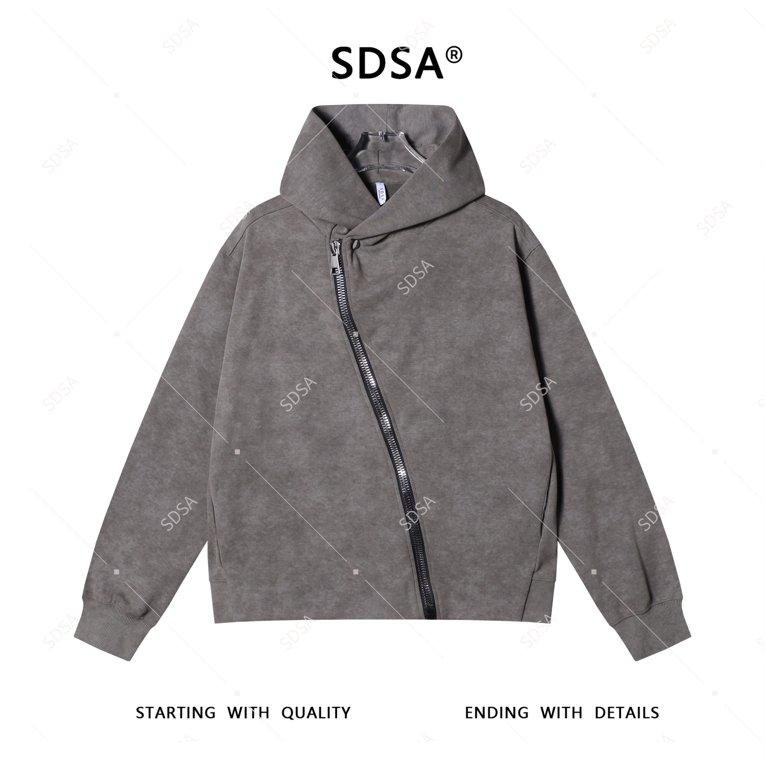 SDSA男士卫衣2025新款轻奢痞帅男装简约斜拉链连帽上衣网红款衣服