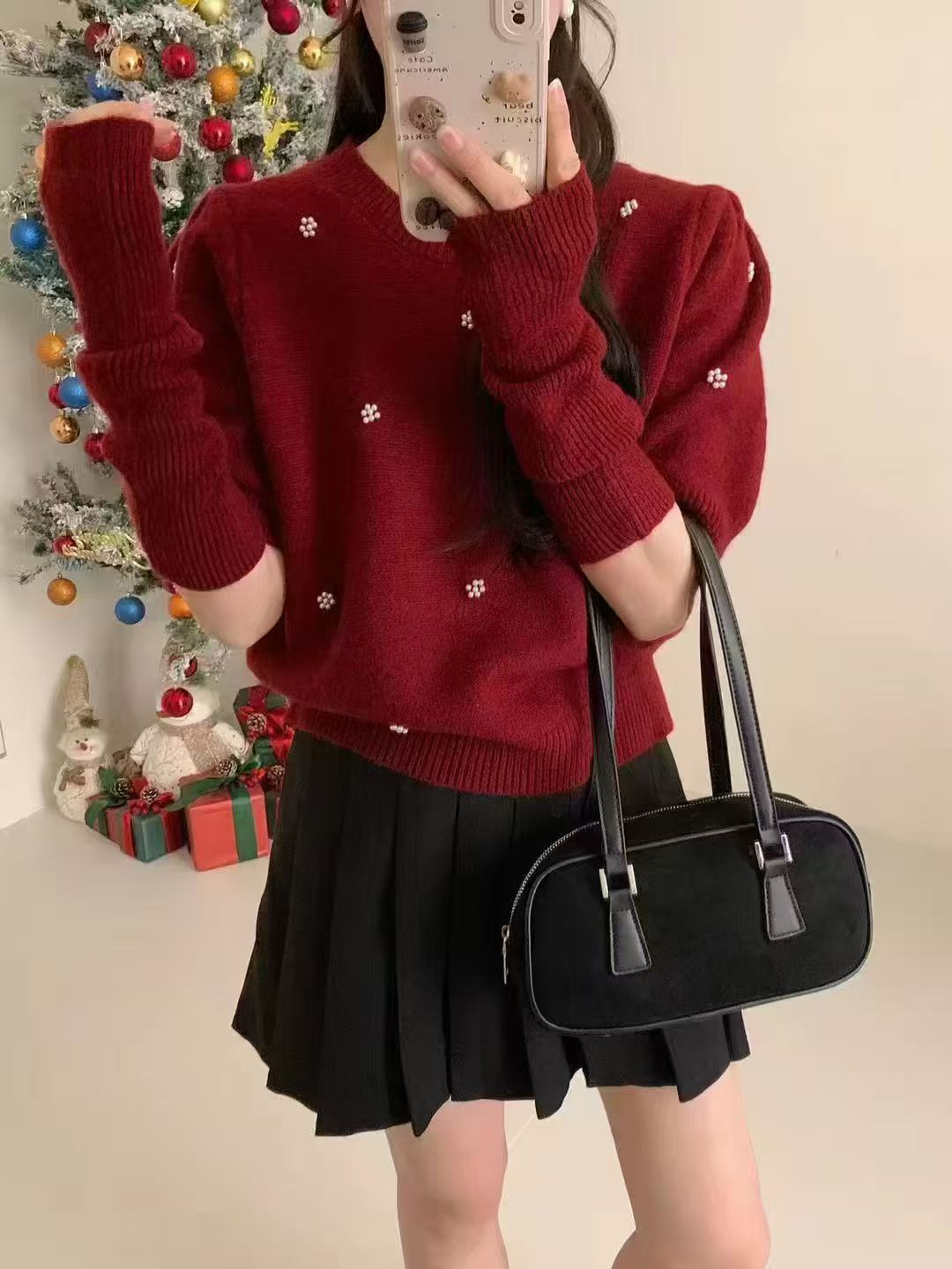 SHUSHU 年款重工珠珠短袖小毛衣（带袖套）