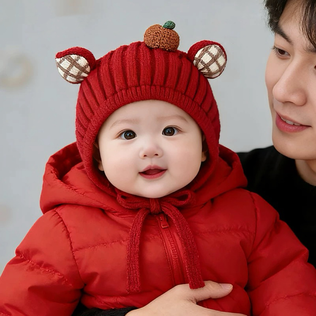 婴儿帽子秋冬季保暖针织帽新年红色男女宝宝防风护耳帽可爱冬天帽
