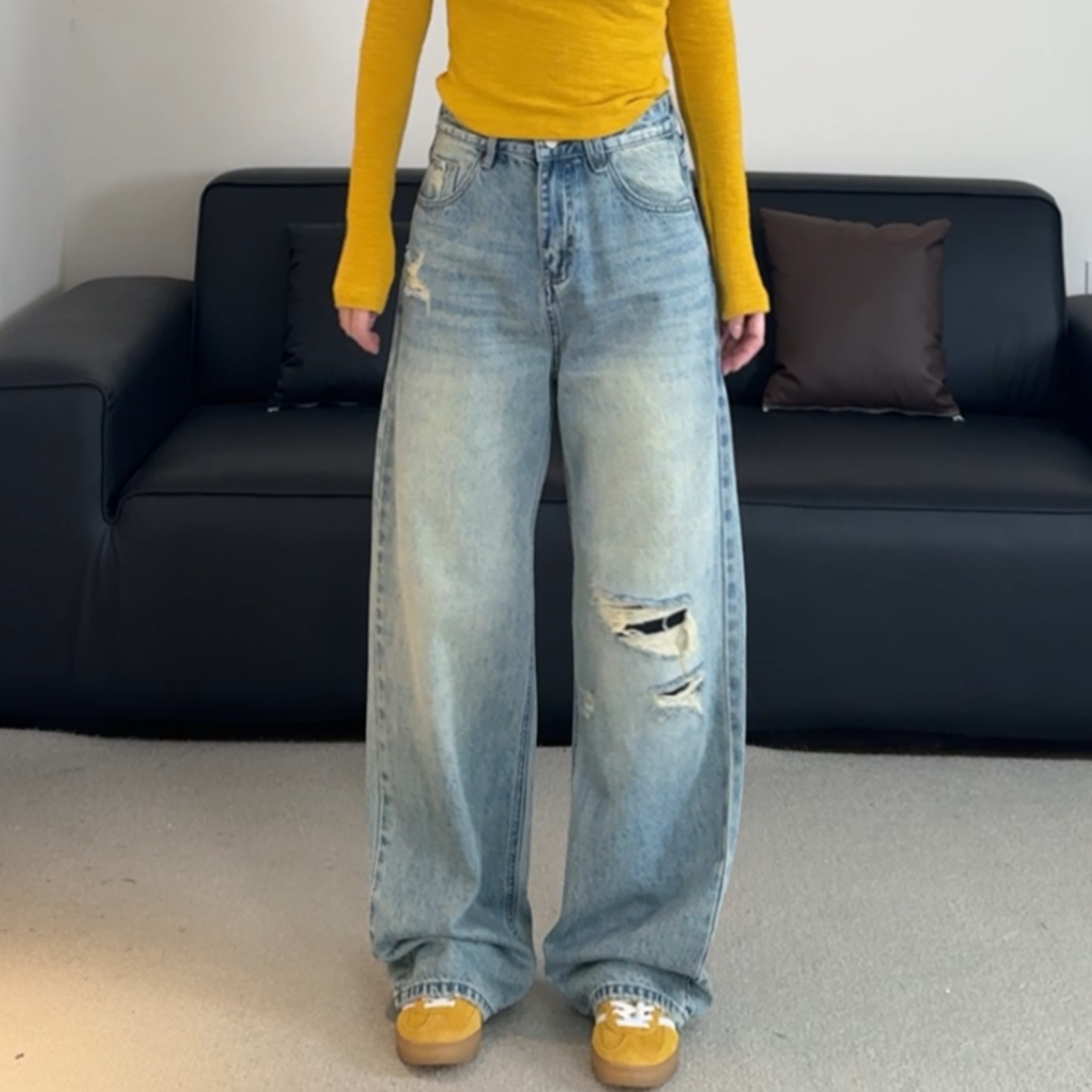 春夏新款原创设计破洞阔腿裤经典百搭显瘦S969