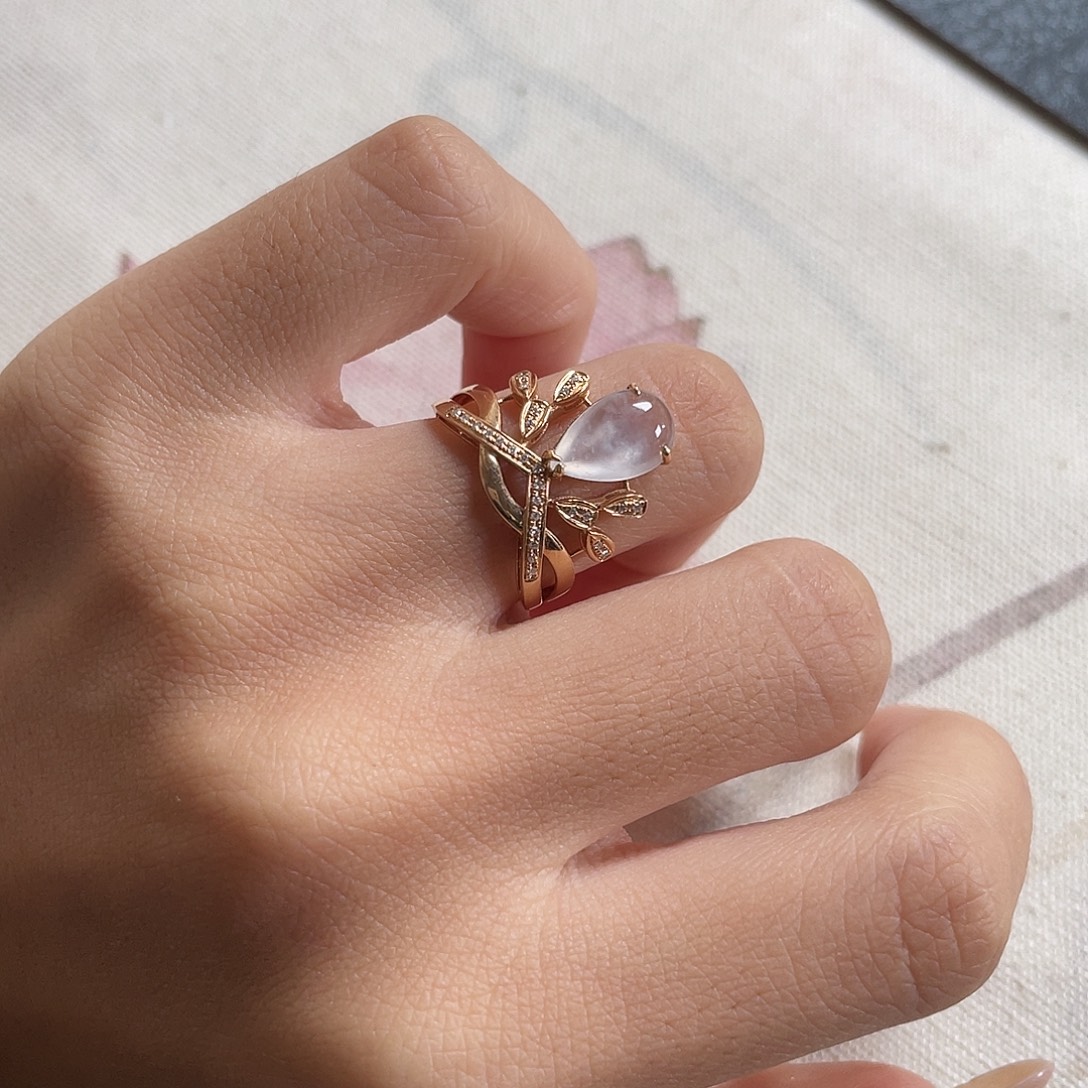 翡翠18K金镶嵌戒指冰水滴戒指 48小时鉴赏