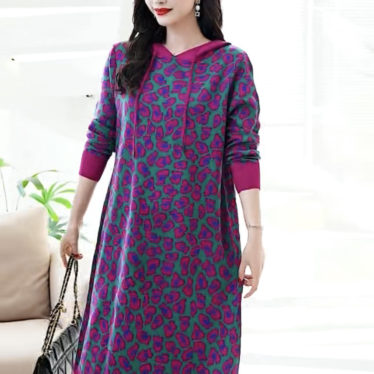 【646】秋冬新款针织宽松连帽连衣裙女装气质减龄显瘦大码中年女