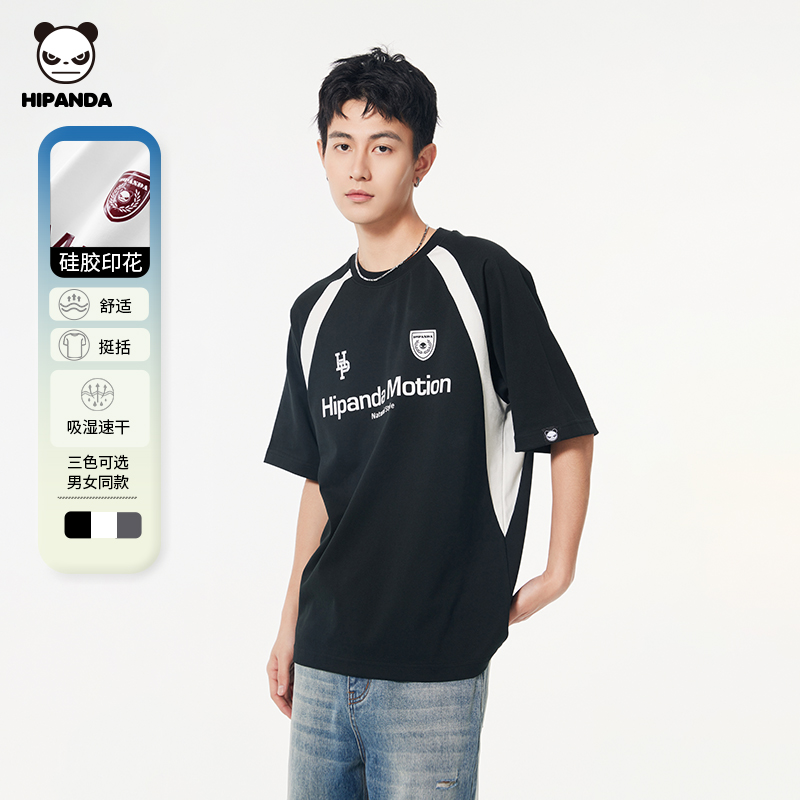 HiPanda美式复古拼接情侣短袖t恤男夏季新圆领宽松短袖25SSTC031