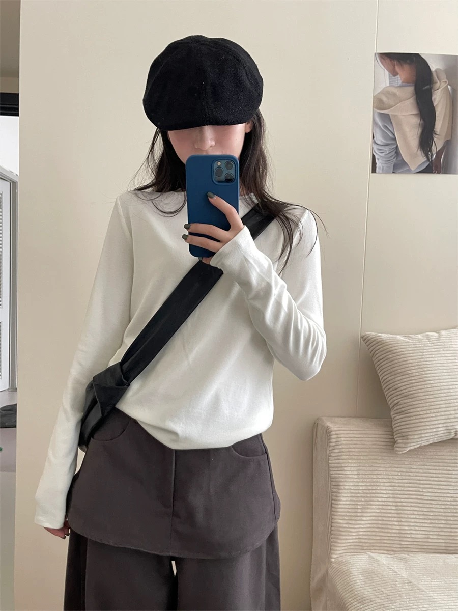 泡芙-1074#韩系气质纯色圆领打底上衣