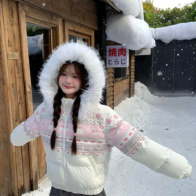 冬季2025新款韩系甜美可爱风白色毛领加厚保暖氛围感棉服连帽外套