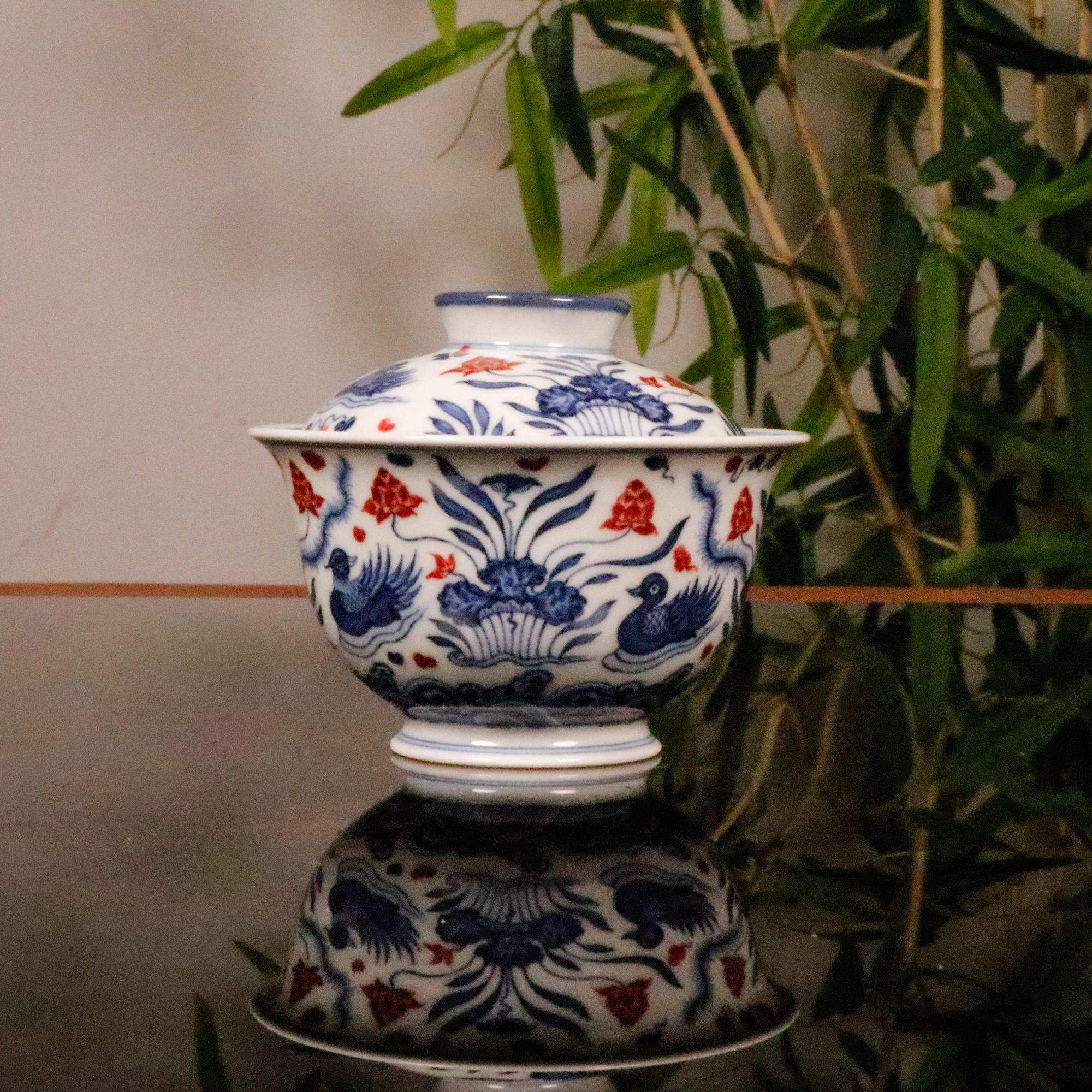 片云晚谷青花釉里红鸳鸯元宝盖碗陶瓷茶具手工手绘景德镇茶器