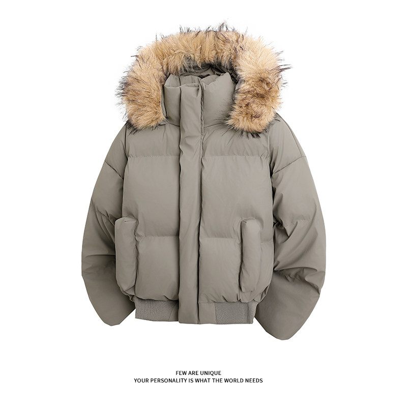 黑色短款PU皮羽绒棉服男冬季加厚可拆卸毛领外套美式高级感面包服