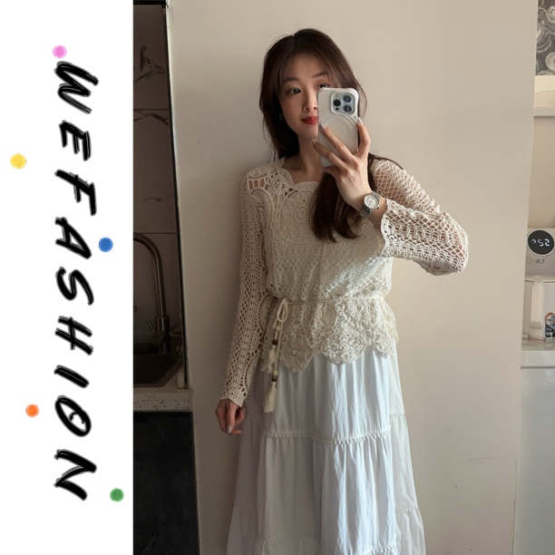 【WE】重工钩花镂空防晒针织罩衫➕白色吊带连衣裙两件套