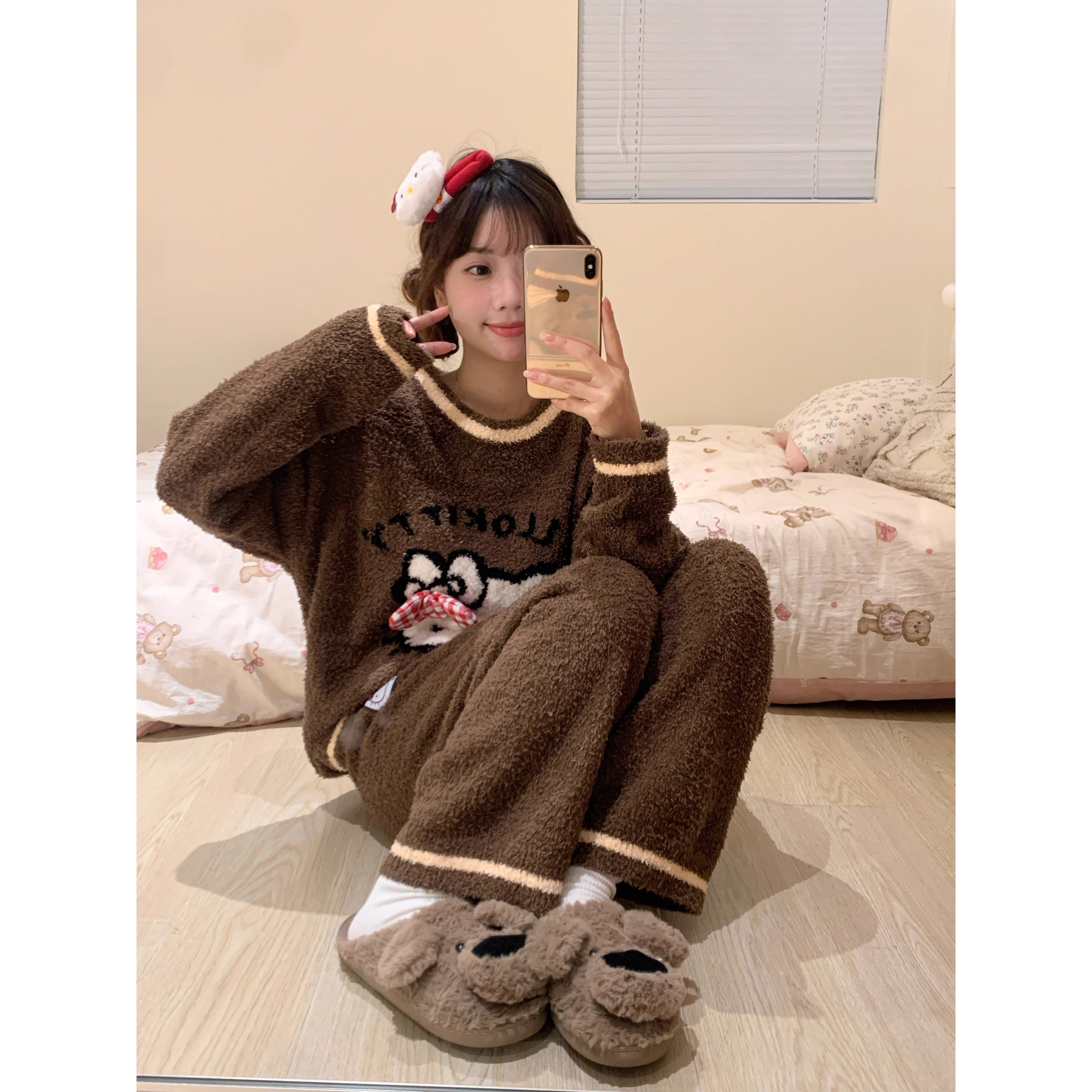 【软绵kitty猫】大码圆领卡通半边绒睡衣女冬季新款套装毛绒家居服
