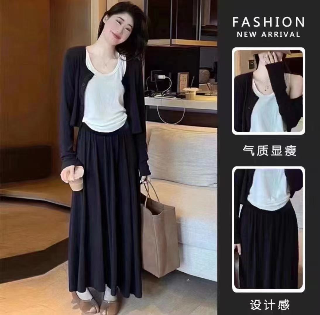 PDM-9535慵懒套装长袖休闲开衫背心吊带显瘦高腰半身裙新款三件套