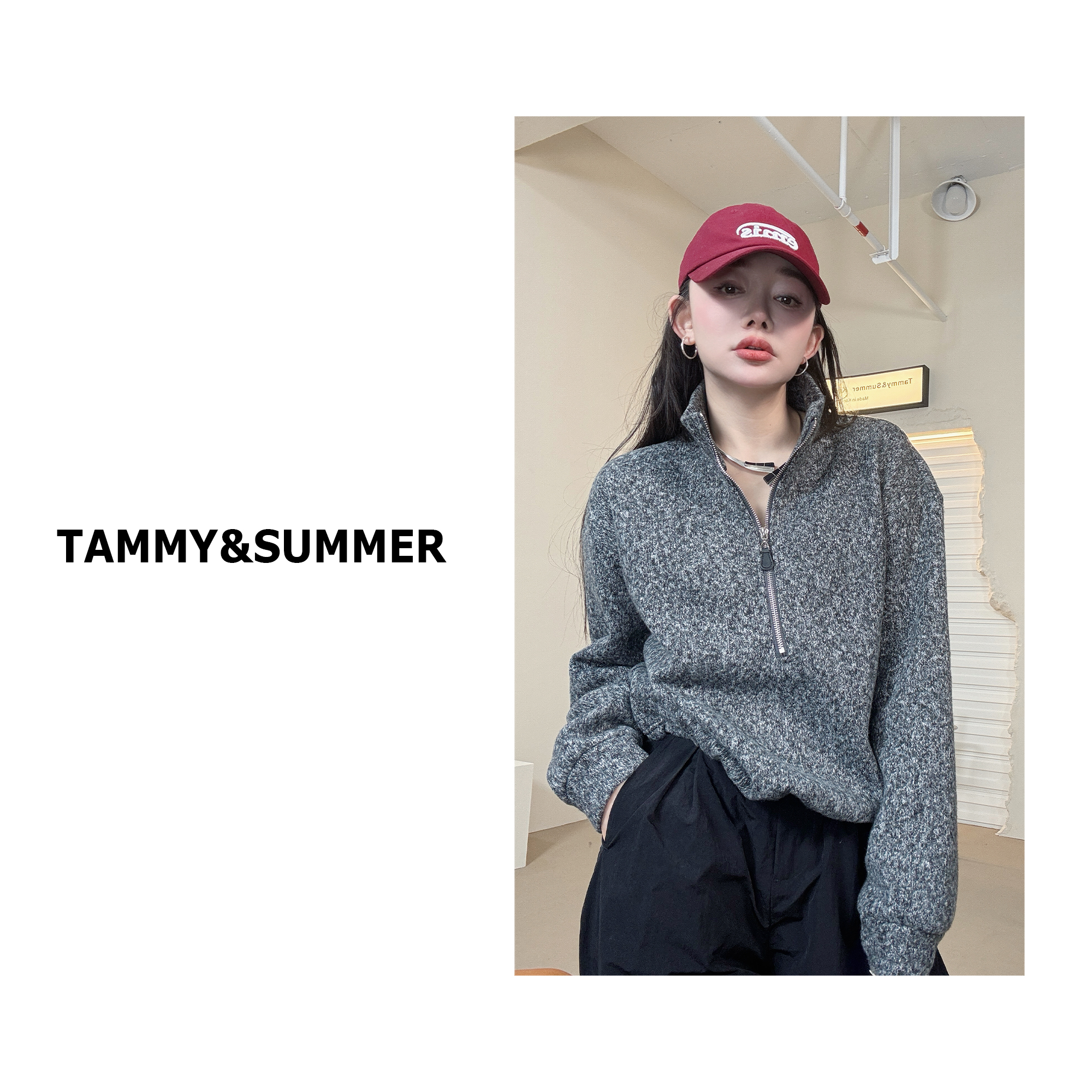 【Tammy&Summer】韩版时尚立领半拉链花线加绒宽松百搭卫衣544729