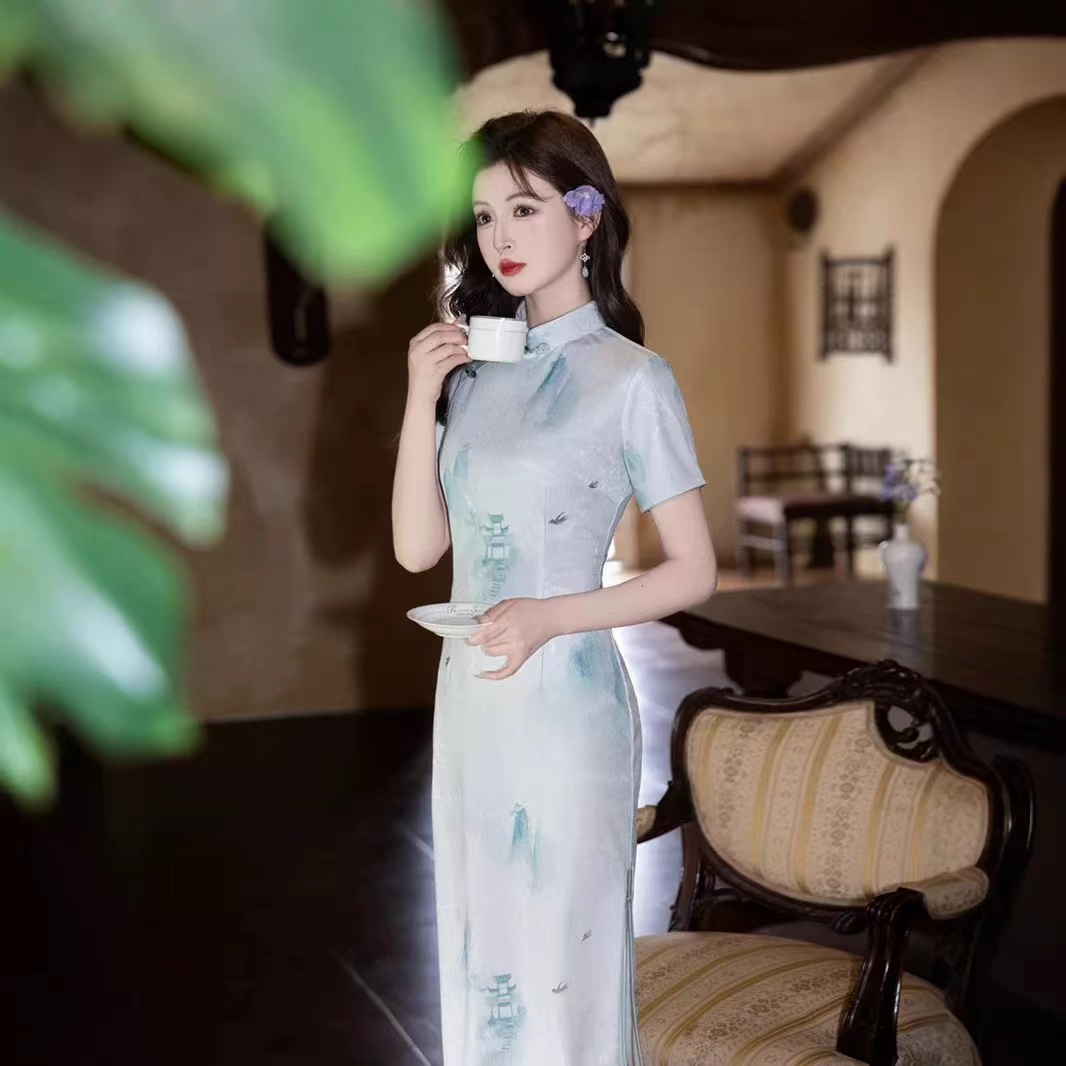 326-蓝绿1 【楼阁】年轻 改良 旗袍