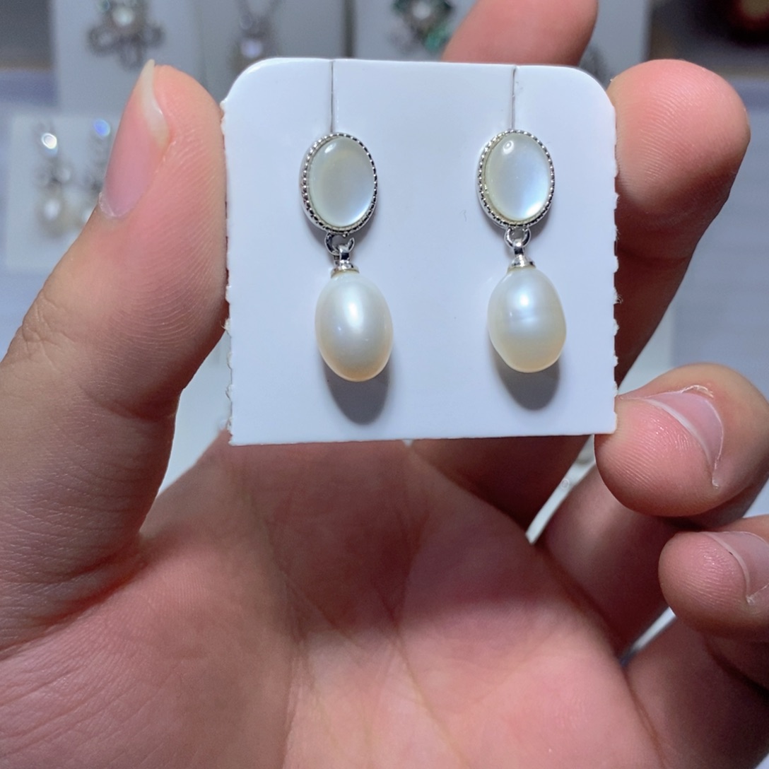 耳饰银S925镶嵌淡水珍珠