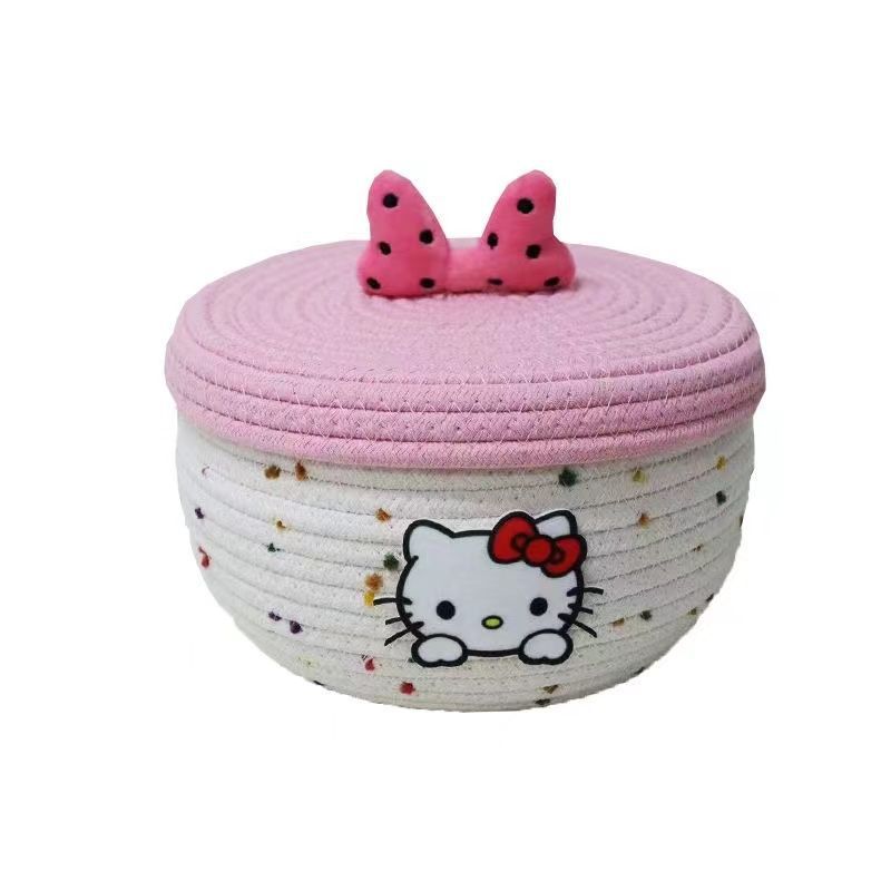 桌面收纳筐可爱KT猫棉线编织带盖收纳筐桌面零食收纳盒杂物整理篮