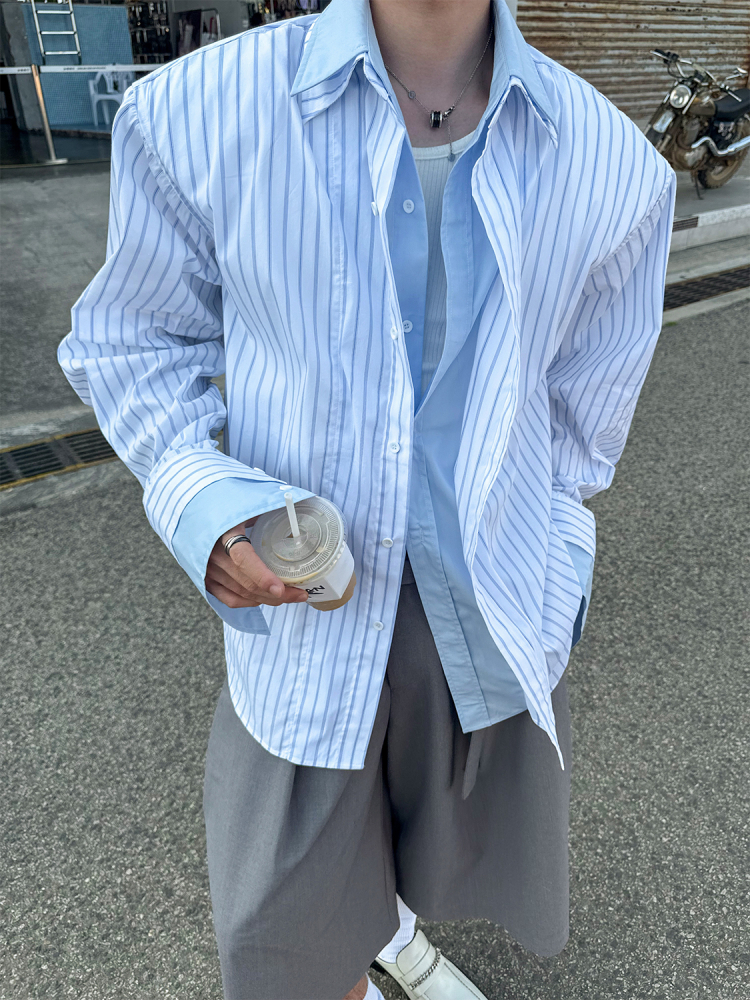 BO 2025SS 度假穿搭条纹拼接宽松假两件衬衫男学院风防晒衬衣