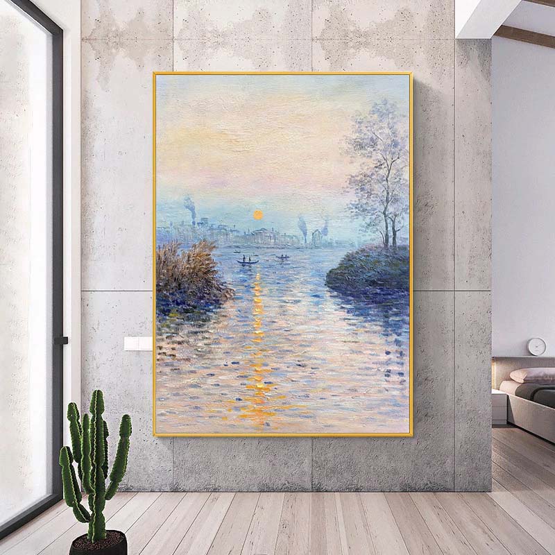 纯手绘油画竖款莫奈日出印象装饰画轻奢客厅玄关手工挂画走廊挂画