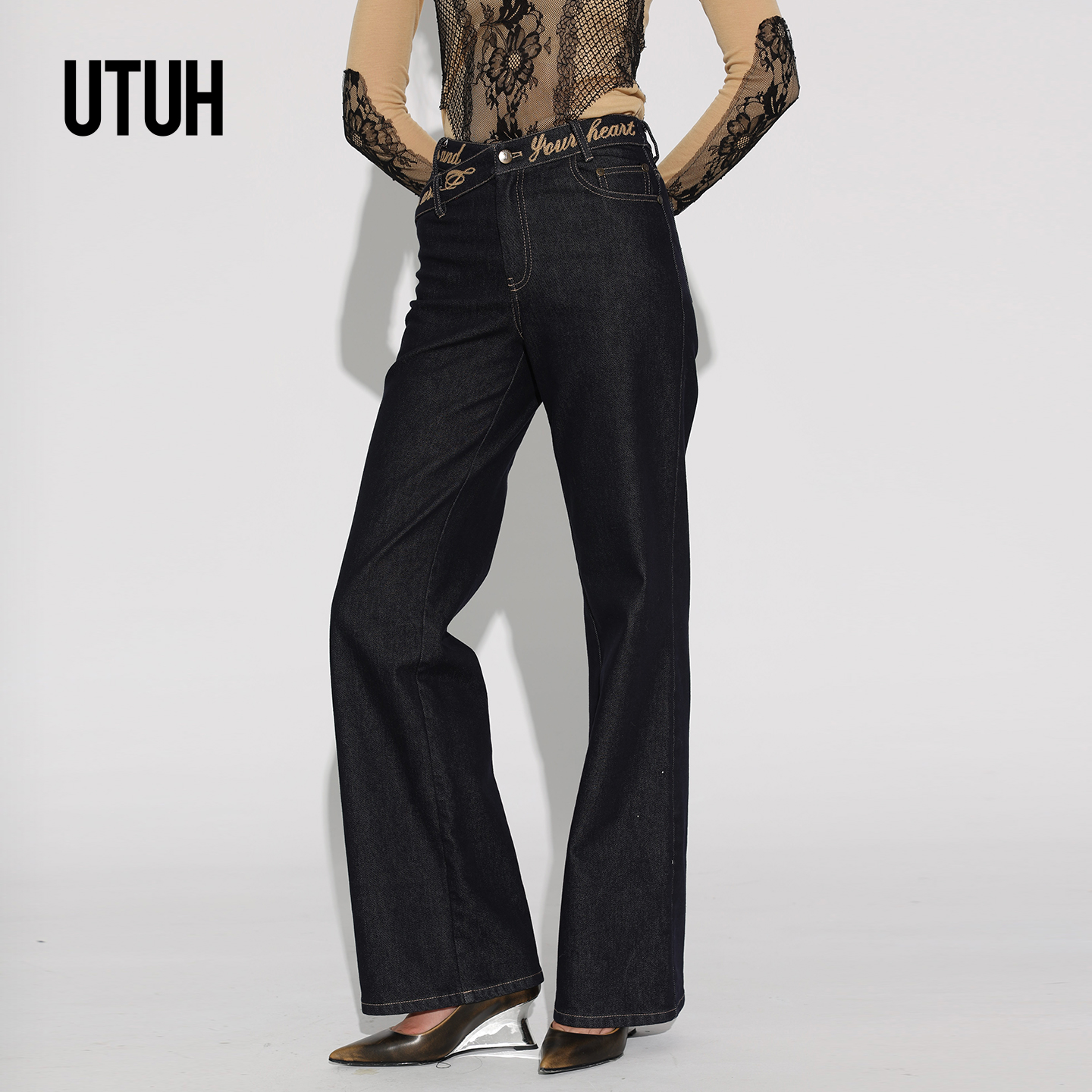 UTUH 显瘦高腰直筒时尚休闲女士蓝色复古牛仔裤TDWWW2K491