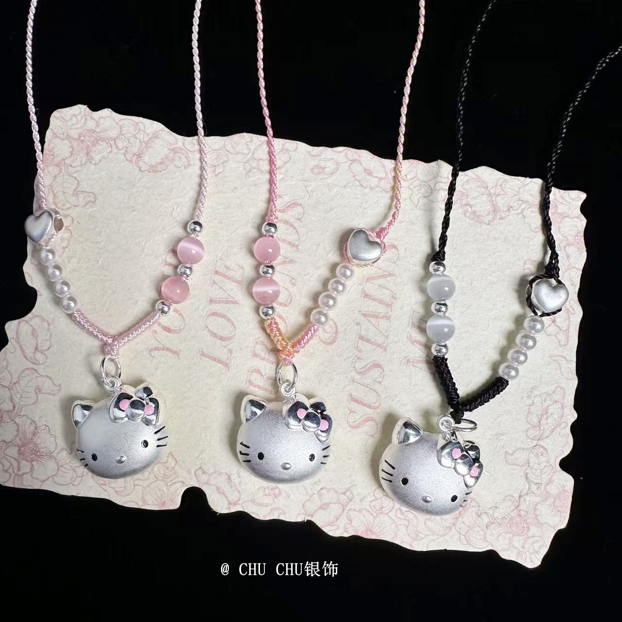 吊坠足银布 足银999KT猫头纯银吊坠爱心编绳项链送女朋友闺蜜礼物