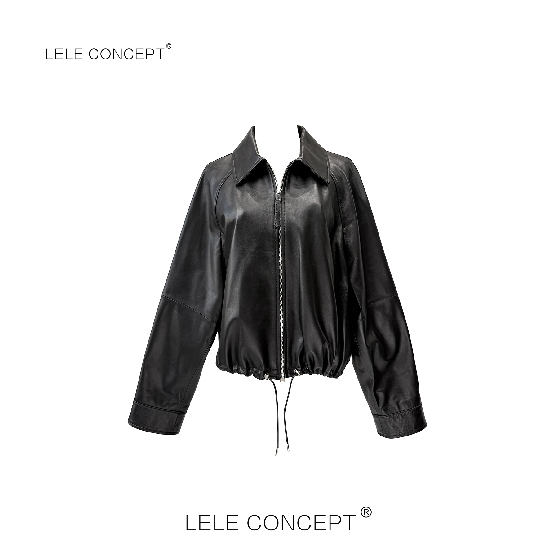 LELE CONCEPT｜新款都市气质抽带翻领拉链皮衣P0059