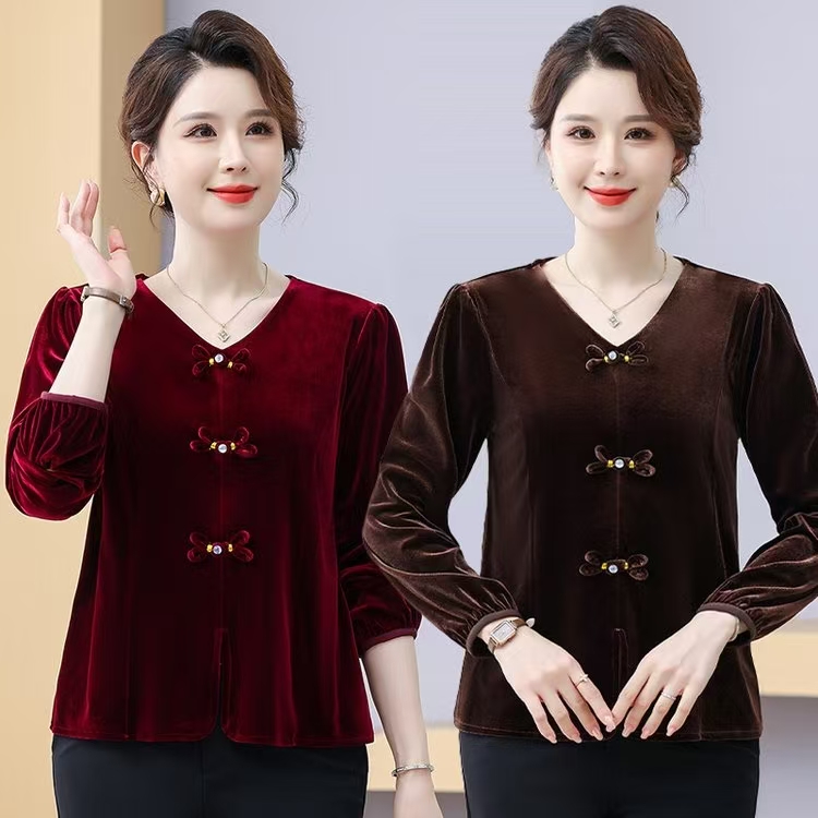 2025新款中老年女装秋季V领丝绒时尚妈妈装金丝打底衫大码洋气