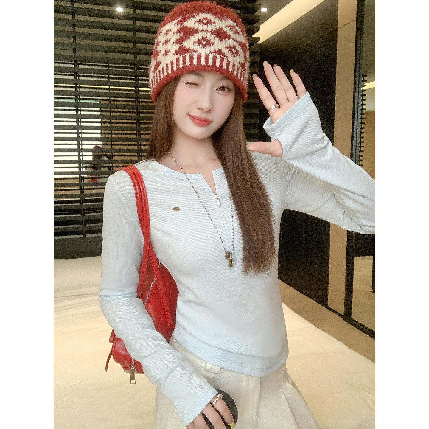 曾小咸 韩系半拉链蓝色t恤女款ZA54TXJ1879