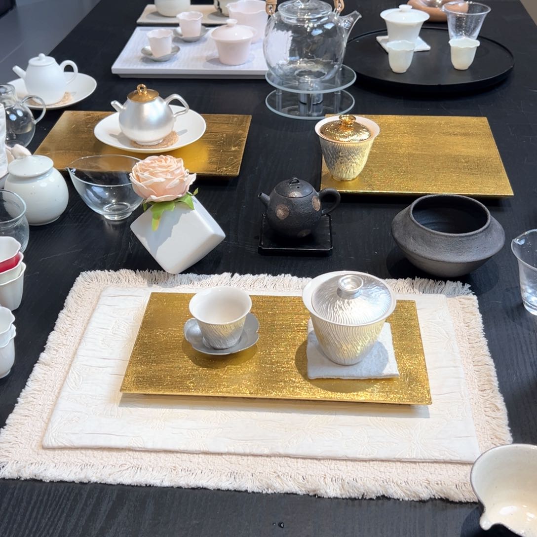 金箔小茶盘 鎏银盖碗 鎏银杯子 锡杯托 送花器