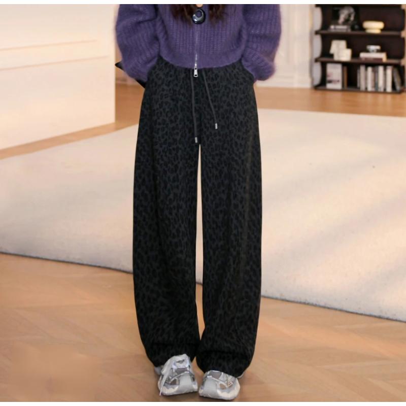 ZHANG-【豹纹羊毛】秋冬松紧腰高腰加厚磨毛休闲裤卫裤长裤