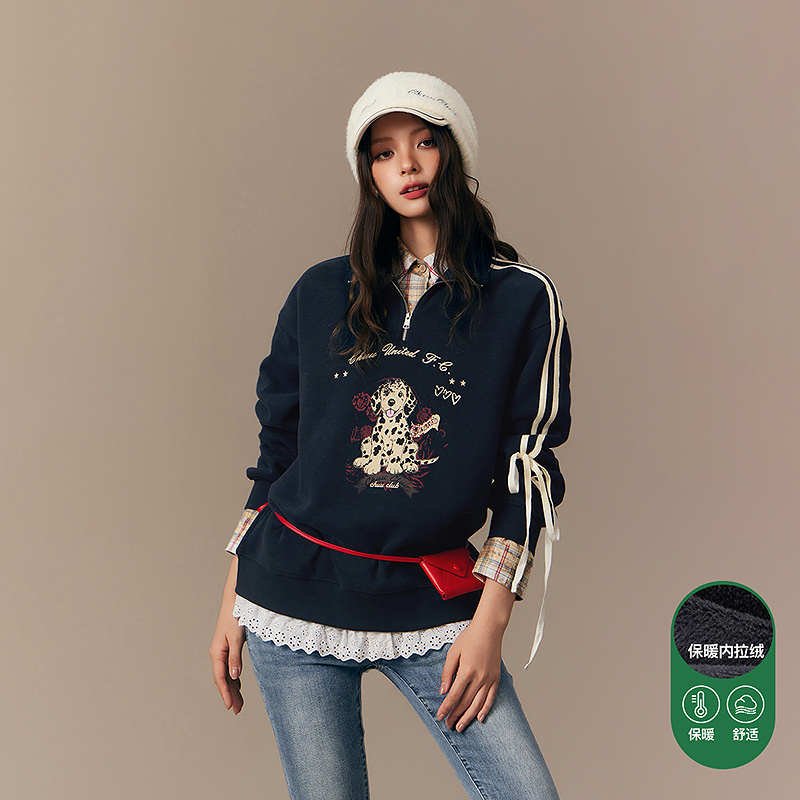 CHUU冬季女装卡通小狗印花设计学院风加绒百搭宽松韩系辣妹风卫衣