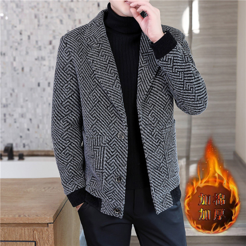 秋冬新款男士外套毛呢大衣翻领格子时尚休闲百搭修身外套夹克上衣