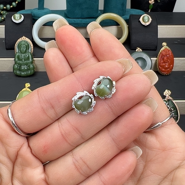 和田玉银S925镶嵌耳饰