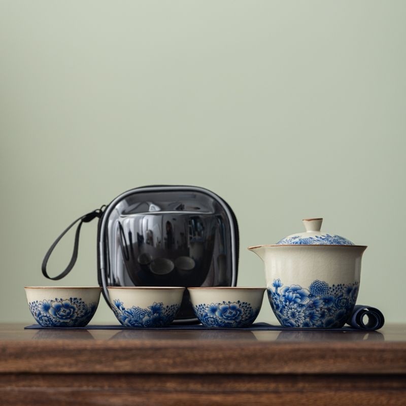 【汝窑-青花】一壶三杯旅行茶具套装功夫茶具A11369