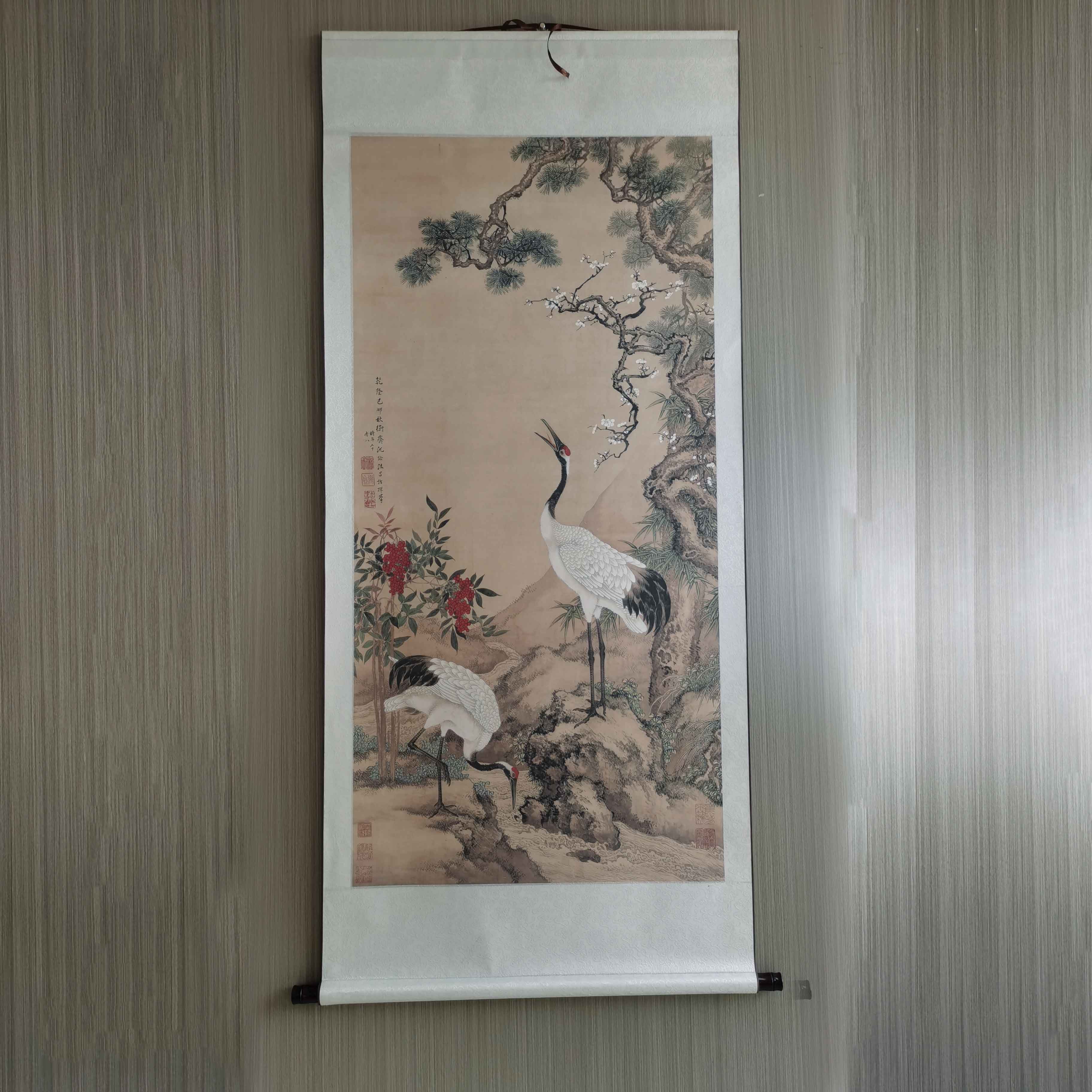 微喷复刻新中式办公室客厅卧室书房卷轴水墨山水《松梅双鹤图》