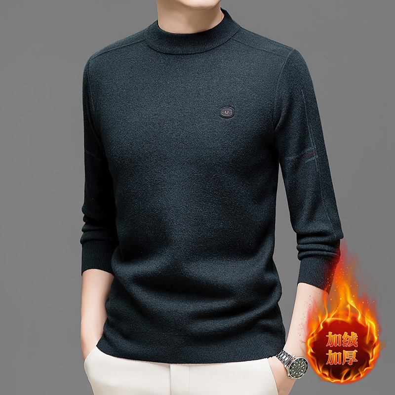 老爷车秋冬季新款含羊毛男士纯色加绒加厚针织衫毛衣休闲打底