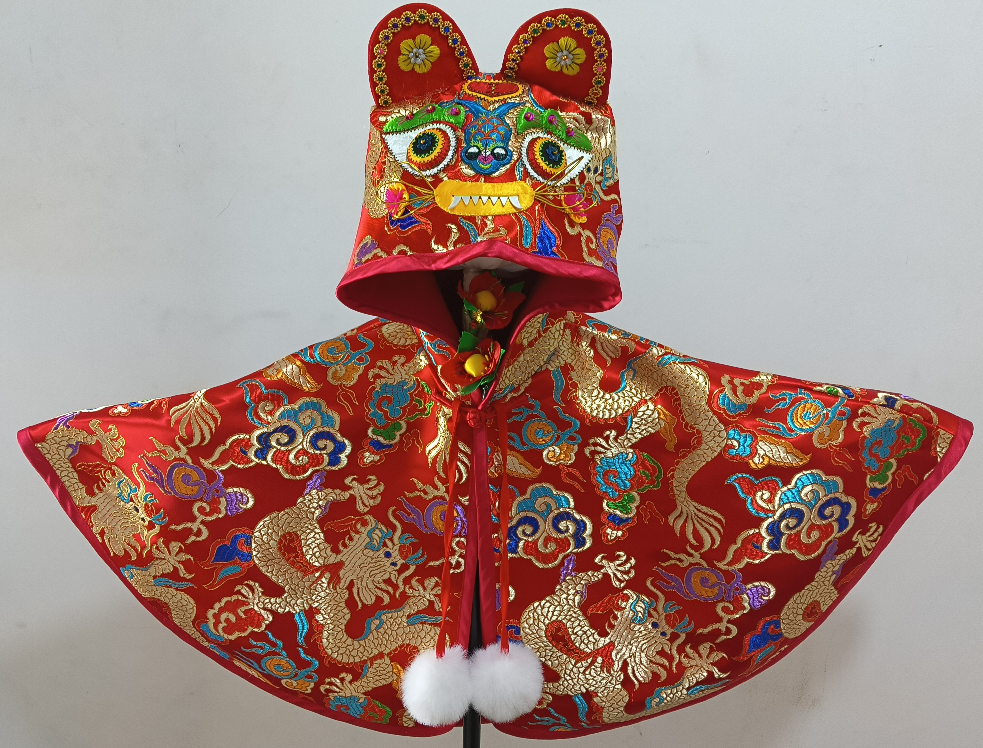 一粒扣中国风民族风系带斗篷春秋红色绣花连帽