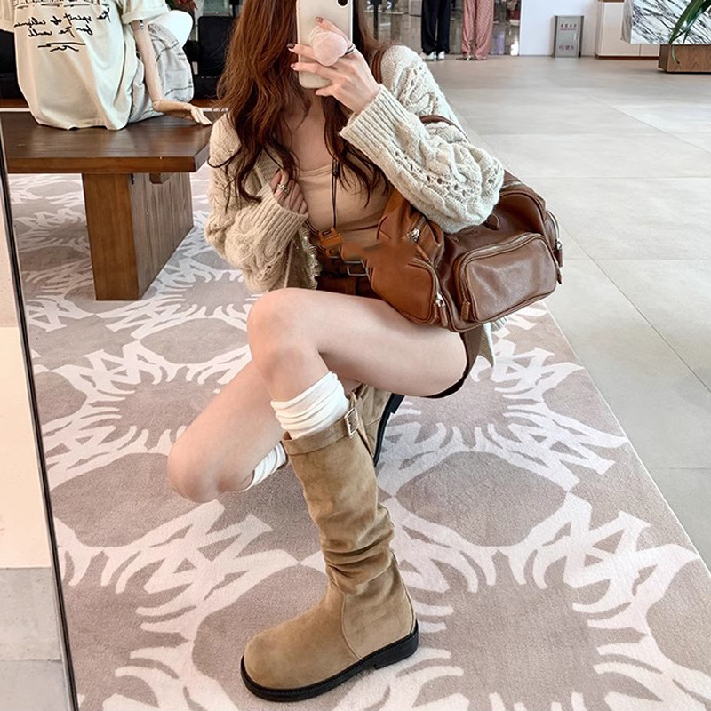 新版~美拉德西部牛仔靴女复古褶皱显瘦堆堆靴磨砂绒面平底长靴