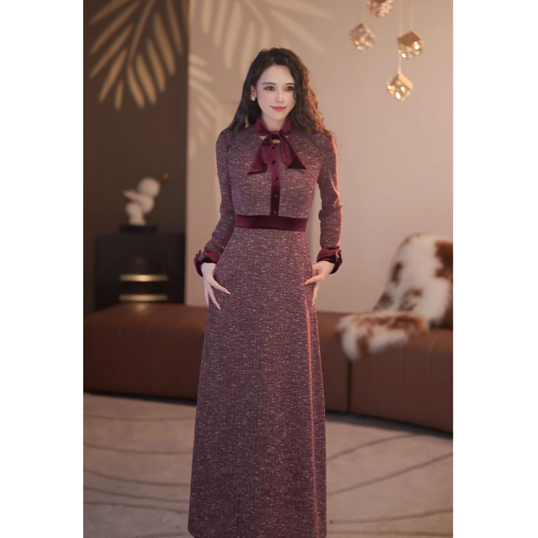 【静铉】秋冬新款小香风高级修身显瘦A摆连衣裙-YL50495