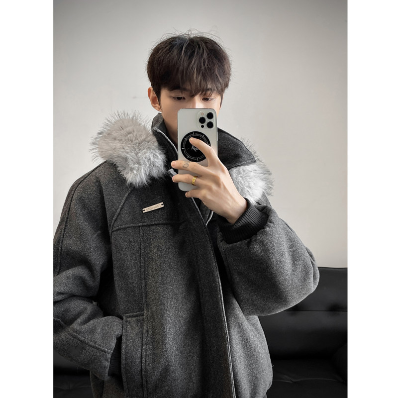 冬季座山雕毛领连帽毛呢棉服男生潮流拼接防寒保暖棉衣外套