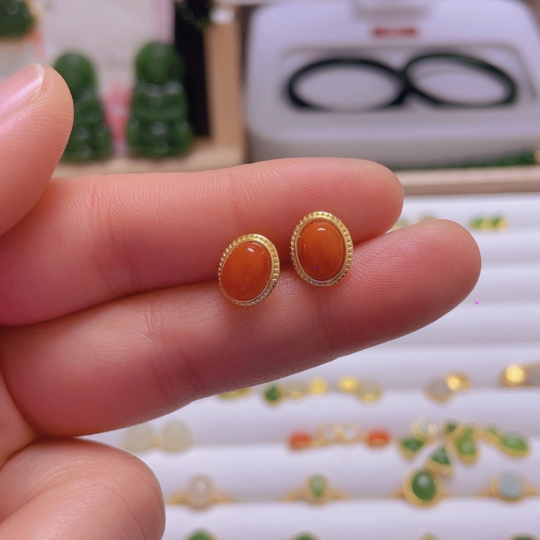 和田玉耳饰银S925镀金镶嵌