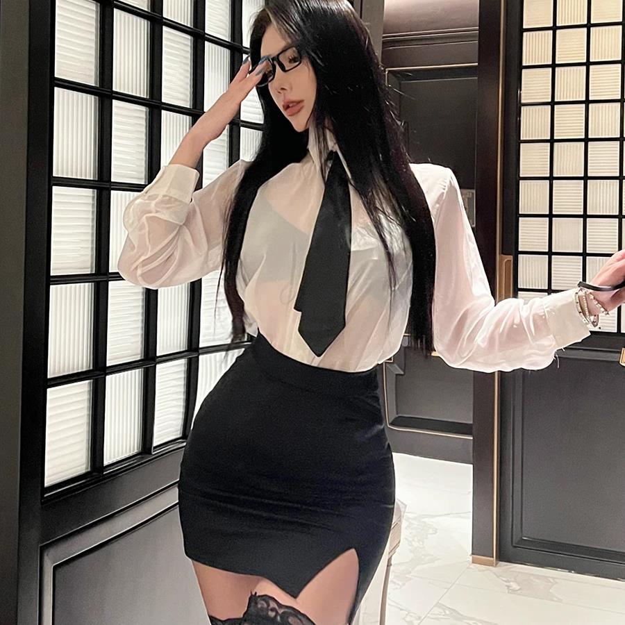 性感大码骚气ol职业装女秘书cos制服诱惑激情免脱战服火辣包臀裙
