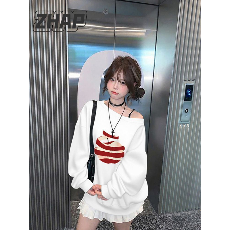 【ZHAP】斜领露肩时尚2505新款卡通圆领卫衣女秋季爆款清新遮肉穿搭