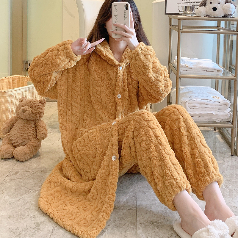 睡袍女冬季珊瑚绒加绒加厚睡衣女高颜值保暖法兰绒长款大码家居服