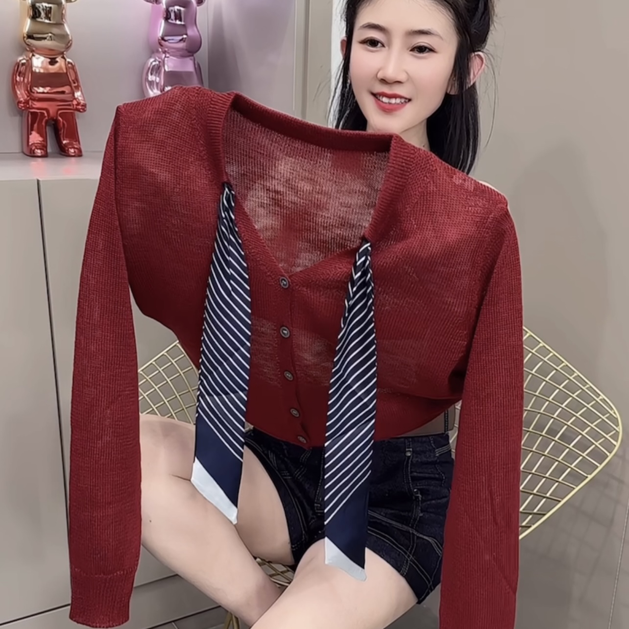 长袖拼接休闲风纯色针织毛针织衫气质衬衫条纹短款