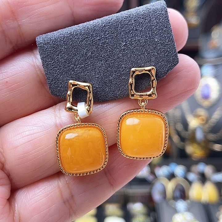 琥珀耳饰银S925镶嵌耳环