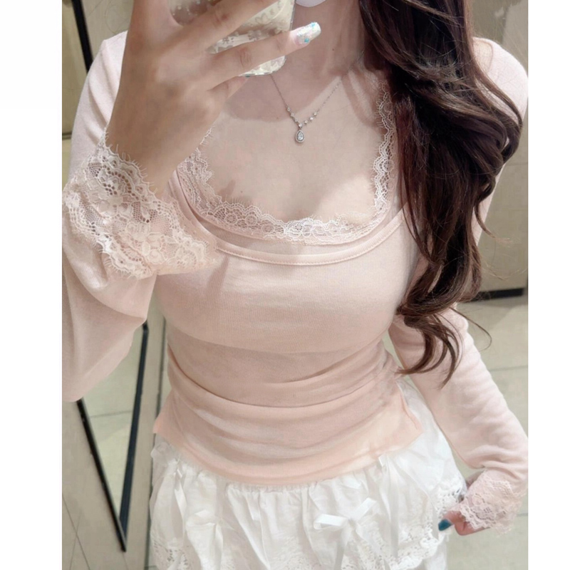 纯欲蕾丝边拼接T恤女2025新款修身内搭打底衫早秋巨好看长袖上衣