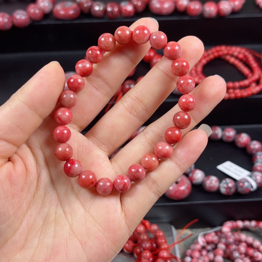 天然辰砂原石手串卡8+