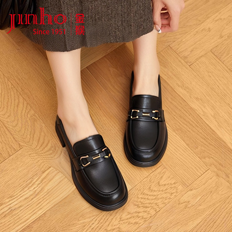 Jinho/金猴复古英伦风小皮鞋平底乐福鞋一脚蹬懒人豆豆鞋Q18090A