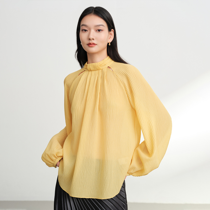 EP雅莹2025新品 肌理感褶皱灯笼袖小立领桑蚕丝长袖衬衫女2309A