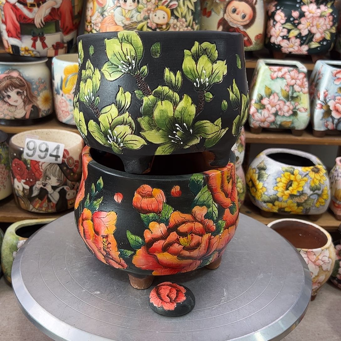 漂***静景德镇炫彩手绘陶瓷花盆