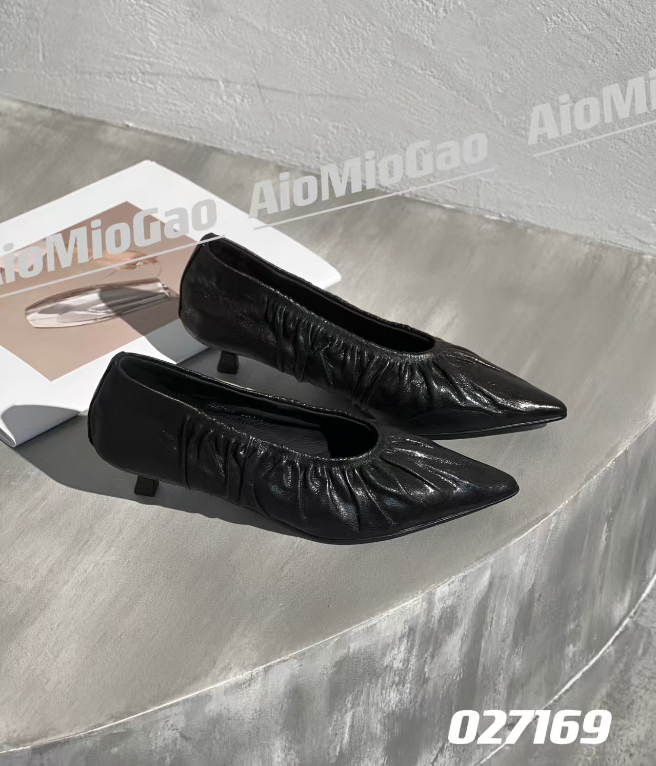 羊皮！广州鞋真皮法式百搭薄款尖头褶皱网红单鞋时尚浅口女鞋气质